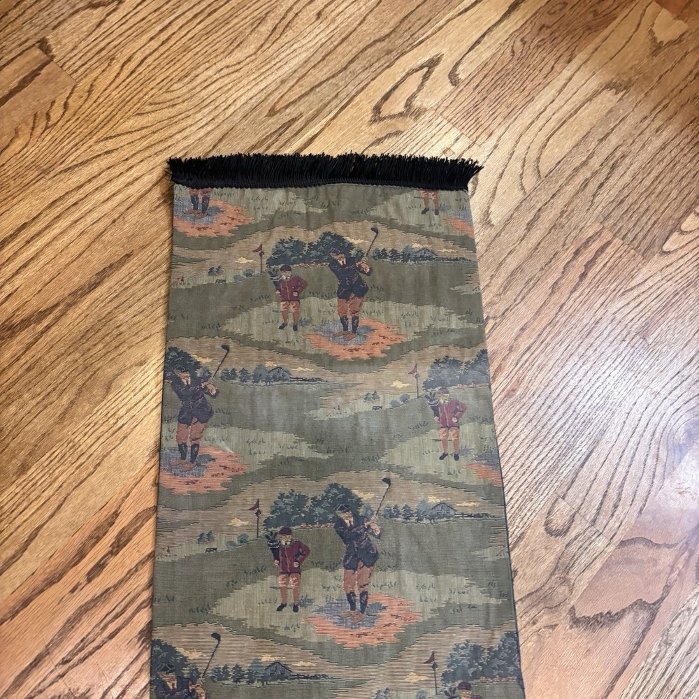 Vintage Golf Tapestry Table Runner Fringe‎ Edges Golfer Scene 60x14 Green - Picture 4 of 5